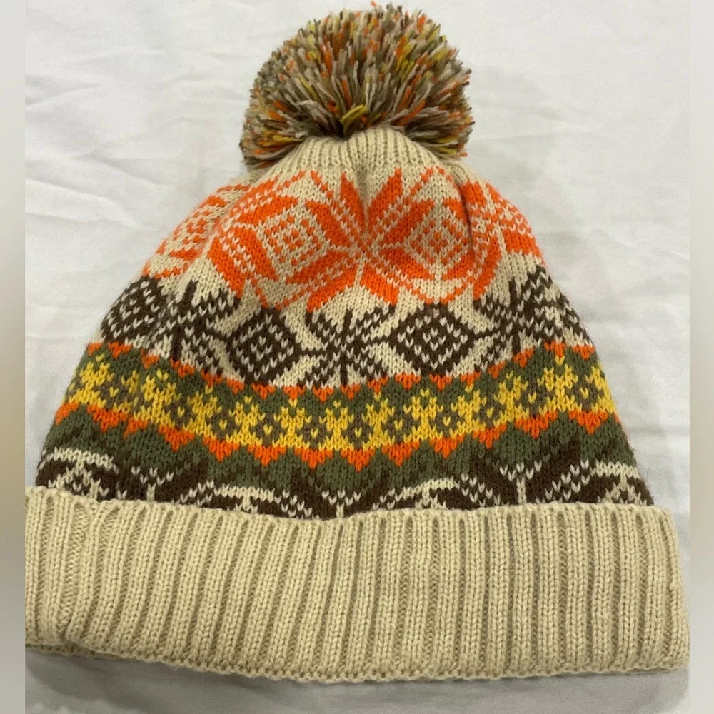 Jeanne Simmons Kids Fair Isle Beanie Winter Knit Hat‎ Pom Pom Orange Yellow NEW